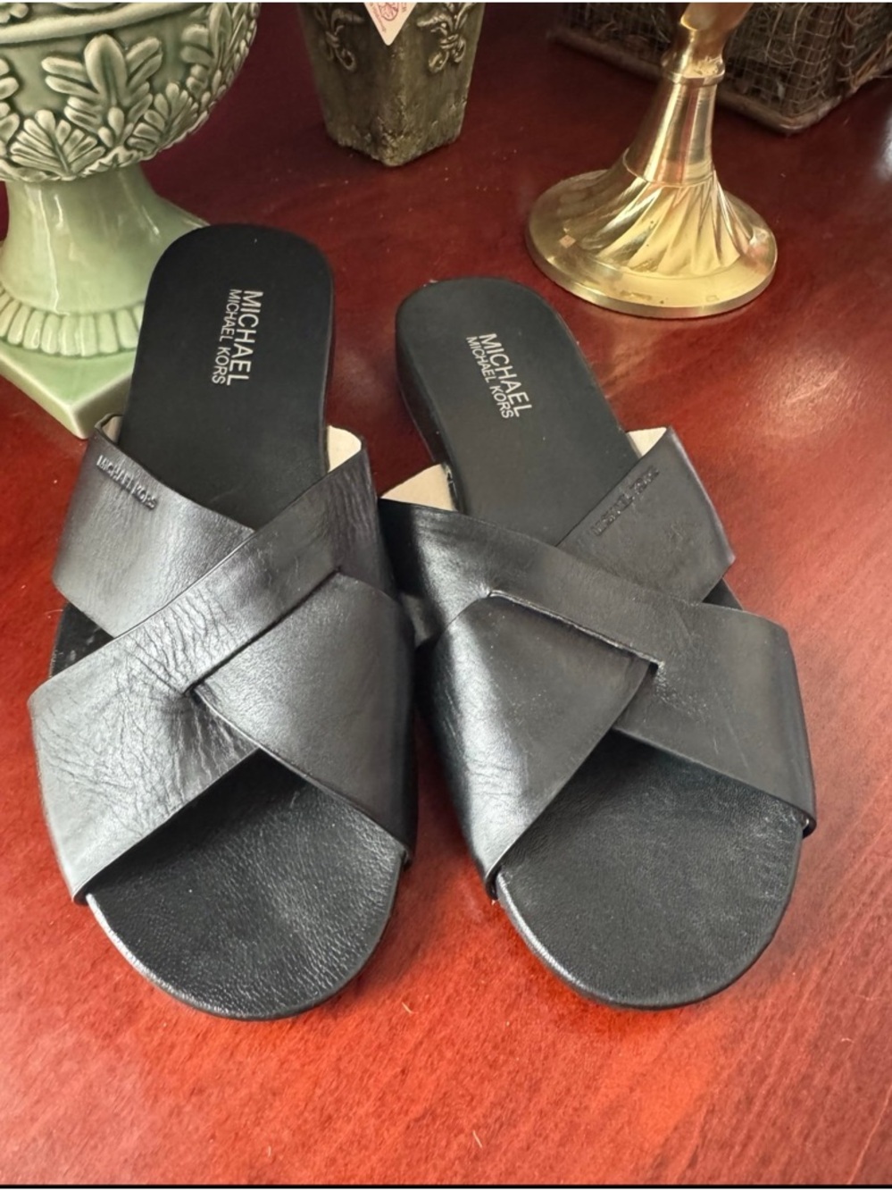 MICHAEL Michael Kors Black Leather Crisscross Slide Sandals 8.5